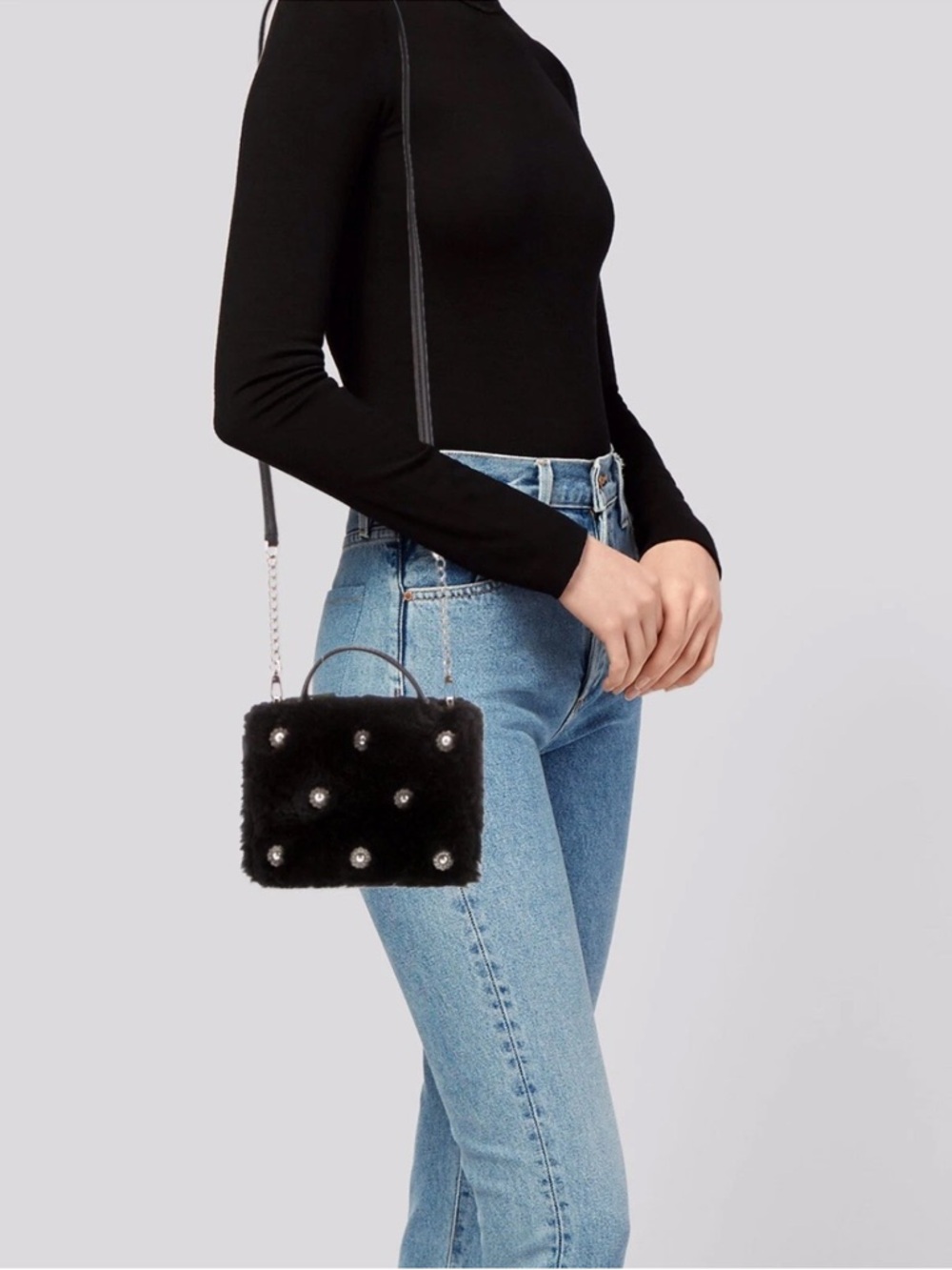 kate spade Black Faux Fur Tablet Sleeve with Pearl & Crystal Flower Buttons